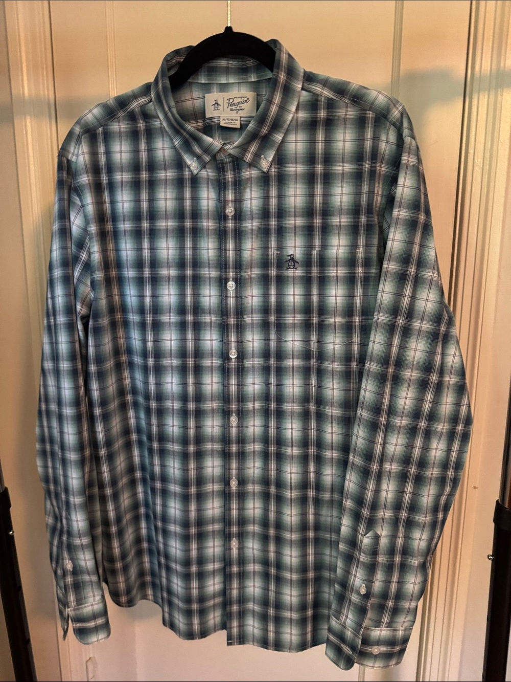 Original Penguin Plaid Button-Up Shirt in Teal and Navy